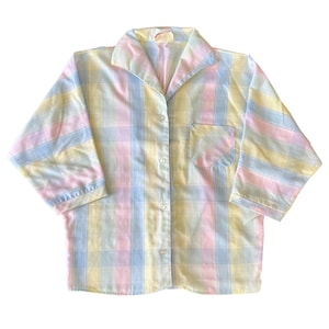 Vintage 80s Pastel Plaid Button Down Dolman Sleeve Blouse / S M