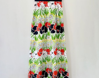 Vintage 70s Hippie Boho Poppy and Daisy Floral Maxi Skirt / Small / 26" Waist