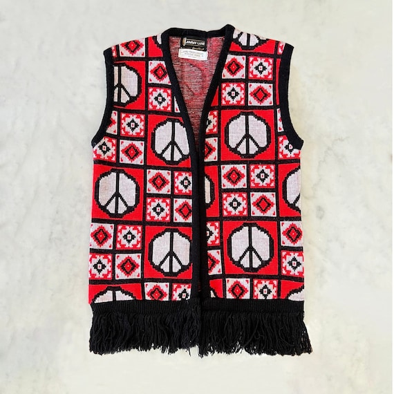 Vintage 70s Red Black and White Peace Sign Knit S… - image 1