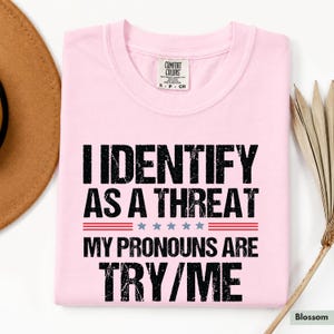 May include: A light pink sweatshirt with the text "I IDENTIFY AS A THREAT, MY PRONOUNS ARE TRY/ME" in black. The text is centered and has a red and blue stripe design. The sweatshirt has a crew neck and a small tag.