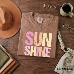 Espresso brown comfort colors t-shirt with 'SUNSHINE' graphic in pink, orange, and yellow