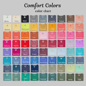 Comfort Colors t-shirt color chart showing white, black, blue, green, and pink shades