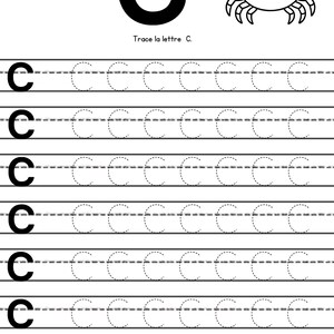 May include: Black and white worksheet for learning the letter "C". Includes a large "C", a cartoon crab, and lines for tracing the letter. The text "Trace the letter C" is also present.