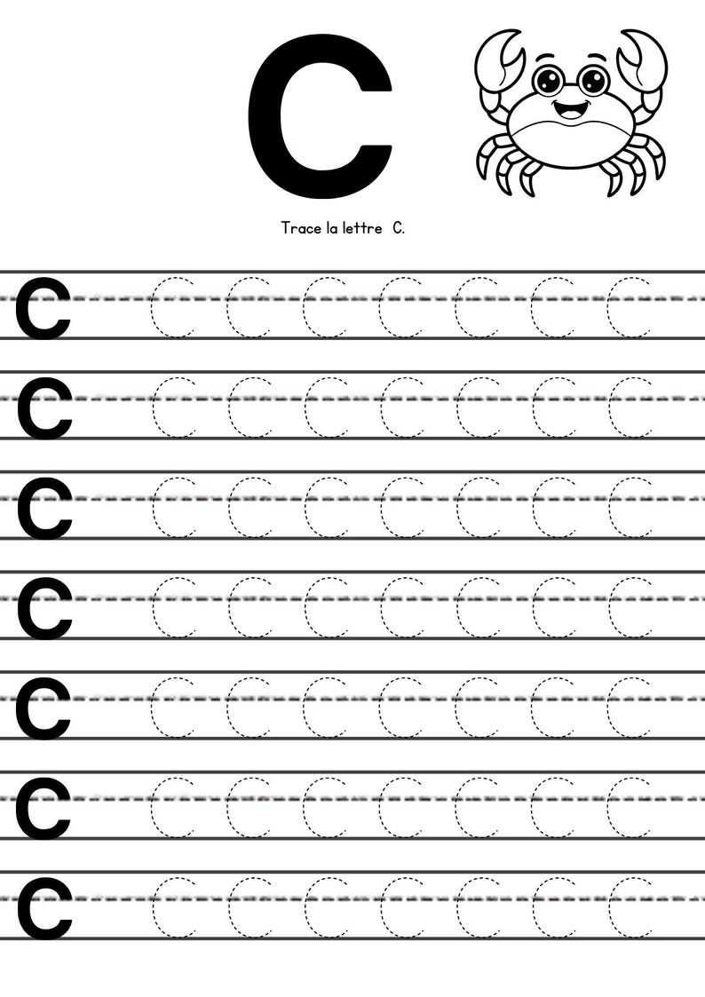 May include: Black and white worksheet for learning the letter "C". Includes a large "C", a cartoon crab, and lines for tracing the letter. The text "Trace the letter C" is also present.