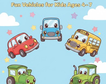 Puede incluir: Portada de libro para colorear infantil "Little Drivers Coloring Book" con ilustraciones de vehículos de dibujos animados, incluyendo un coche rojo, un coche azul, un autobús escolar amarillo, un tractor verde, un tren verde y un avión azul. Fondo azul claro con estrellas y nubes.