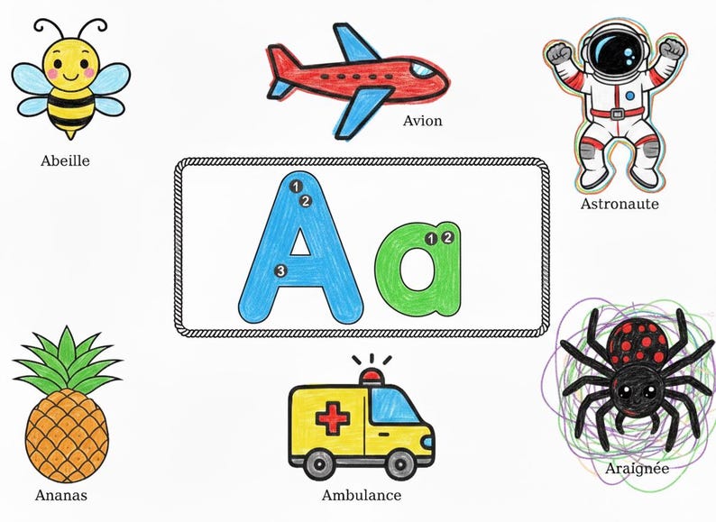 May include: A colorful educational illustration featuring the letter "A" with numbered guides, surrounded by drawings of an airplane, bee, astronaut, pineapple, ambulance, and spider. Each image has a corresponding word in French.
