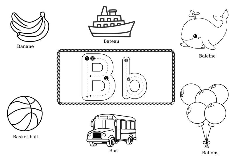 May include: Black and white illustration of educational objects. Includes a bunch of bananas, a boat, a whale, a basketball, a school bus, balloons, and the letter "B" with tracing guides. The image is designed for learning.