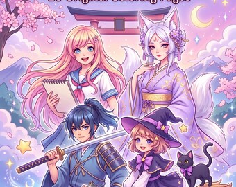Puede incluir: Un libro para colorear titulado Magical Anime World 20 Original Coloring Pages con una ilustración de cuatro personajes de anime, incluyendo una chica de pelo rosa, un personaje con orejas de zorro, un samurái con espada y una bruja en una escoba.