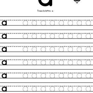 May include: A black and white worksheet for learning the letter "a". The worksheet includes a large letter "a", the phrase "Trace la lettre a.", and a cartoon bee. Dotted lines guide the tracing of the letter.