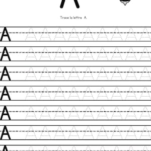 May include: A black uppercase letter "A" and a cartoon bee are at the top of a white worksheet. The text "Trace the letter A" is below the letter. The worksheet has rows of dotted "A" letters for tracing practice.