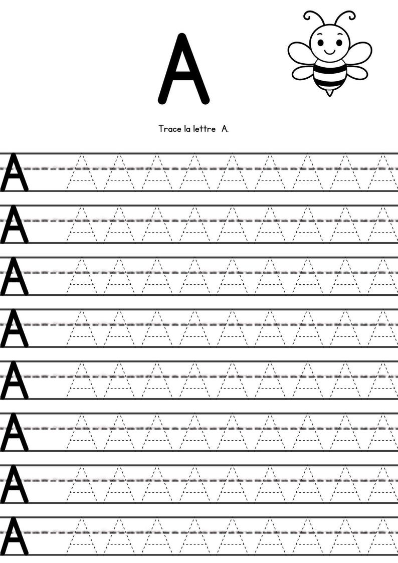 May include: A black uppercase letter "A" and a cartoon bee are at the top of a white worksheet. The text "Trace the letter A" is below the letter. The worksheet has rows of dotted "A" letters for tracing practice.