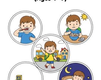 Puede incluir: Portada de un libro para colorear para niños titulado "Daily Routines Coloring Book for Kids (Ages 4-7)". Muestra ilustraciones de un niño cepillándose los dientes, comiendo, yendo a la escuela, jugando y durmiendo.