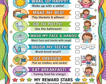Puede incluir: Un colorido gráfico de "Mi Rutina Matutina" ilustrado. Presenta una lista de verificación con tareas como "Despertar feliz", "Hacer mi cama" y "Desayunar". El gráfico incluye ilustraciones y un rastreador de recompensas.