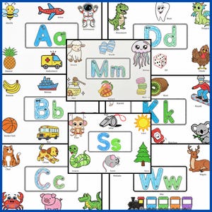 May include: A colorful educational poster featuring the alphabet, with each letter accompanied by an illustration and word. The images include a plane, astronaut, dinosaur, and more. The letters are in blue and green.