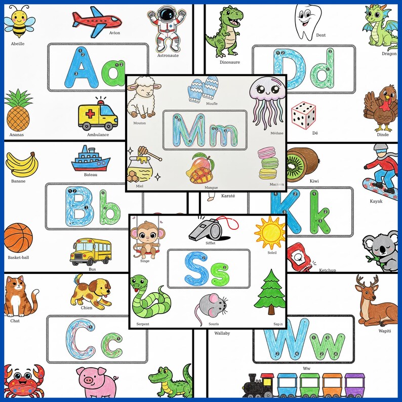 May include: A colorful educational poster featuring the alphabet, with each letter accompanied by an illustration and word. The images include a plane, astronaut, dinosaur, and more. The letters are in blue and green.