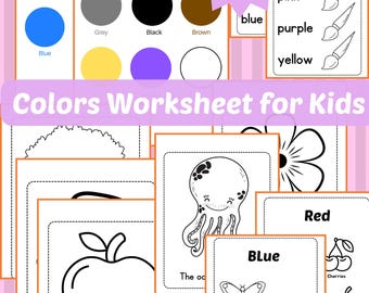 Puede incluir: Un conjunto de hojas de trabajo educativas para niños, con actividades de identificación de colores y para colorear. Las hojas de trabajo incluyen círculos de colores, indicaciones para colorear e ilustraciones de objetos como manzanas, mariposas y ballenas. El texto "Colors Worksheet for Kids" es visible.