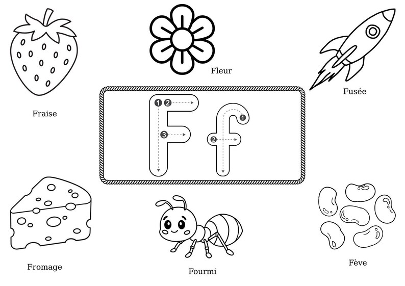 May include: Black and white educational illustration featuring a strawberry, flower, rocket, cheese, ant, and beans. The letter "F" is shown in uppercase and lowercase with numbered tracing guides. French words are included.