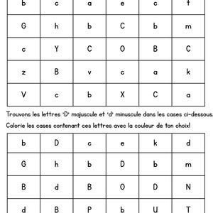 May include: A worksheet with two grids for letter recognition. The first grid asks to find uppercase and lowercase 'C's, and the second asks to find uppercase and lowercase 'D's. Instructions are in French.