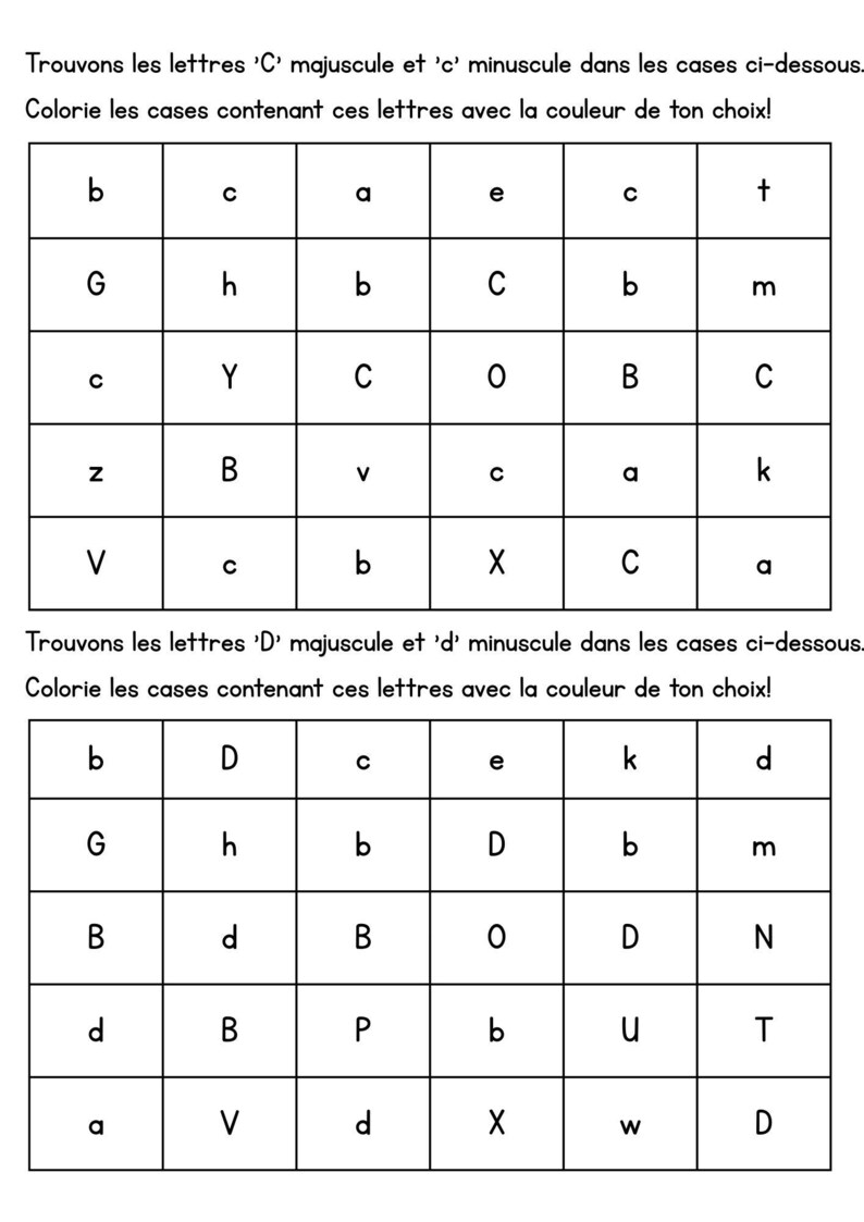 May include: A worksheet with two grids for letter recognition. The first grid asks to find uppercase and lowercase 'C's, and the second asks to find uppercase and lowercase 'D's. Instructions are in French.