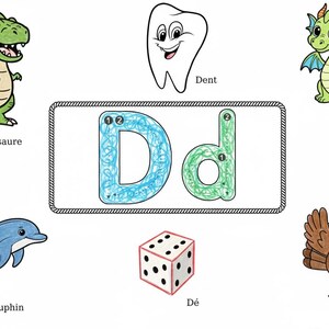 May include: Educational illustration featuring the letter "D" in blue and green, with tracing guides. Surrounding images include a dinosaur, a tooth, a dragon, a dolphin, a die, and a turkey. The word "D" is written in the center.