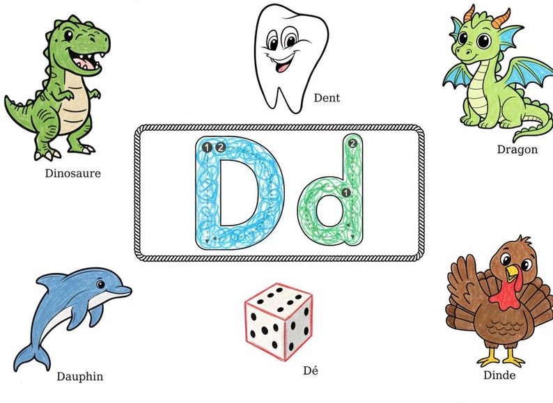 May include: Educational illustration featuring the letter "D" in blue and green, with tracing guides. Surrounding images include a dinosaur, a tooth, a dragon, a dolphin, a die, and a turkey. The word "D" is written in the center.
