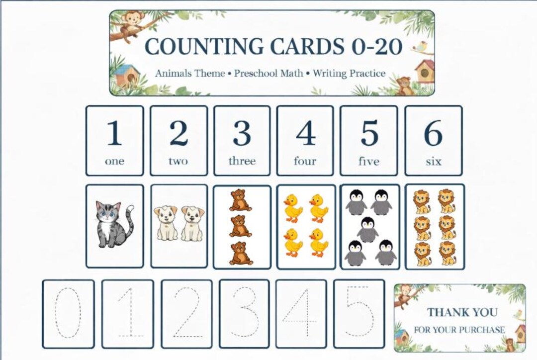 Animal Number Tracing Flashcards 0-20, Preschool Math Learning ...