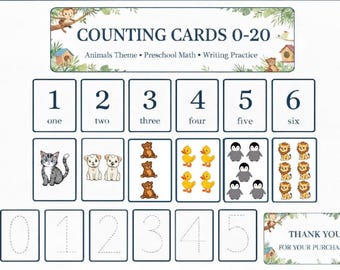 Puede incluir: Tarjetas de conteo educativas 0-20 con temática de animales. Las tarjetas muestran los números 1-6 con ilustraciones de animales y palabras numéricas. La fila inferior muestra los números 0-5 con líneas punteadas para practicar la escritura.