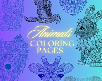 Puede incluir: Una colección de páginas para colorear titulada Animals COLORING PAGES, que presenta intrincadas ilustraciones de líneas de un gato, pájaro, perro, conejo, lobo, jirafa y koala sobre un fondo degradado de color azul y violeta.