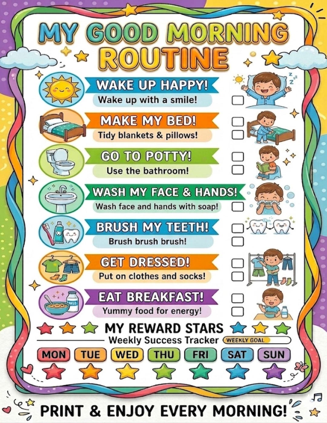 Evening Boy Routine Chart Boys Daily Routine Chart, Morning Evening Checklist, Kids Reward ...