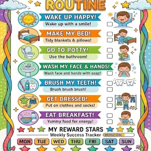 Puede incluir: Un colorido gráfico de rutina matutina para niños con el texto "MY GOOD MORNING ROUTINE". Incluye ilustraciones para despertarse, hacer la cama, ir al baño, lavarse las manos, cepillarse los dientes, vestirse y desayunar. También se incluye un cuadro de recompensas.