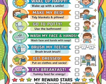 Puede incluir: Un colorido gráfico de rutina matutina para niños con el texto "MY GOOD MORNING ROUTINE". Incluye ilustraciones para despertarse, hacer la cama, ir al baño, lavarse las manos, cepillarse los dientes, vestirse y desayunar. También se incluye un cuadro de recompensas.