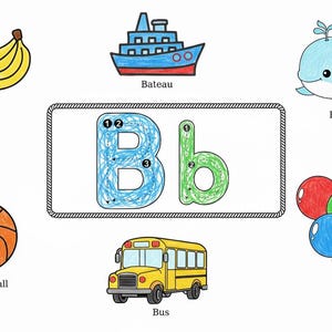May include: A colorful educational illustration featuring a bunch of bananas, a ship, a whale, a basketball, a school bus, and balloons. The letter "B" is shown in both uppercase and lowercase, with numbered guides for tracing.