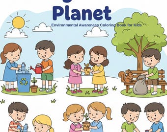 Puede incluir: Portada de un libro para colorear para niños con el título "Caring for Our Planet". La imagen presenta a niños de dibujos animados reciclando, plantando árboles y cuidando el medio ambiente. El libro promueve la conciencia ambiental para niños.