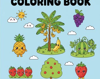 Puede incluir: Portada de libro para colorear azul claro con el título "CUTE KAWAII FRUIT COLORING BOOK" en negro. La portada presenta ilustraciones de dibujos animados de frutas como piña, uvas y fresas. El texto en la parte inferior dice "Fun & Easy Coloring Pages for Kids Ages 4-8".