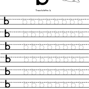 May include: A black letter "b" with tracing practice lines. The text "Trace la lettre b" is above the lines. A cartoon whale is in the upper right corner. The worksheet is designed for early childhood education.