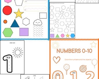 Puede incluir: Hojas de trabajo educativas para niños con formas, líneas y números. Incluye actividades de trazado para formas y líneas, y ejercicios de coloreado para los números 0-10. Las hojas de trabajo están diseñadas para ayudar a los niños a aprender.