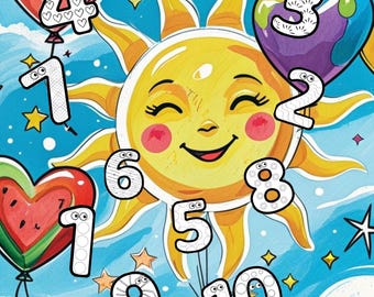 Puede incluir: Portada de libro para colorear infantil con un sol sonriente, globos en forma de corazón y los números del 1 al 10. También se ven las palabras "COLOURING BOOK" y "NUMBERS". El fondo es un cielo azul con nubes y estrellas.