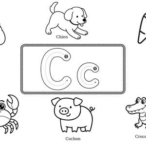 May include: Black and white line drawings of a cat, dog, carrot, crab, pig, and crocodile. The letter "C" is shown in uppercase and lowercase with dotted lines for tracing. The words "Chat", "Chien", "Carotte", "Crabe", "Cochon", and "Crocodile" are written below each image.