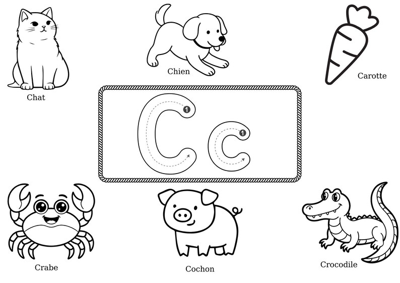 May include: Black and white line drawings of a cat, dog, carrot, crab, pig, and crocodile. The letter "C" is shown in uppercase and lowercase with dotted lines for tracing. The words "Chat", "Chien", "Carotte", "Crabe", "Cochon", and "Crocodile" are written below each image.