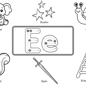 May include: Black and white line art illustrations of an elephant, stars, a snail, a squirrel, a sword, and a ladder. The letter "E" is shown in uppercase and lowercase with numbered directional guides.