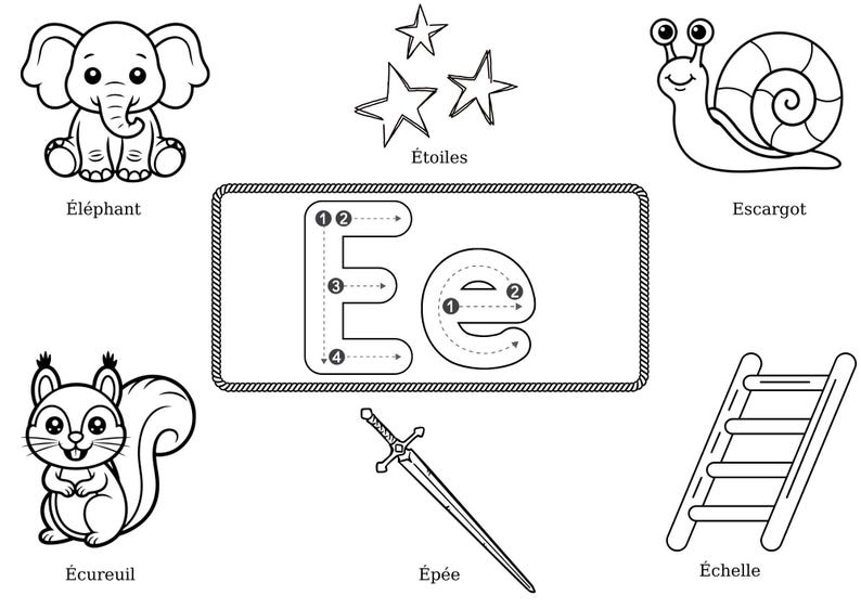 May include: Black and white line art illustrations of an elephant, stars, a snail, a squirrel, a sword, and a ladder. The letter "E" is shown in uppercase and lowercase with numbered directional guides.