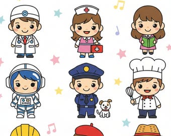 Puede incluir: Un libro para colorear para niños titulado "What Will I Be When to Grow Up? Jobs Coloring Book". La portada presenta ilustraciones de dibujos animados de varias profesiones, incluyendo un médico, una enfermera, un astronauta, un policía, un chef y un granjero.