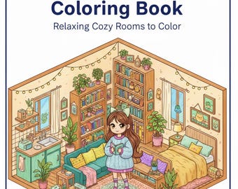 Puede incluir: Un libro para colorear titulado "Cozy Apartment Life Coloring Book" con el subtítulo "Relaxing Cozy Rooms to Color". La portada presenta una vista isométrica ilustrada de un interior de apartamento acogedor con una persona sosteniendo un libro.
