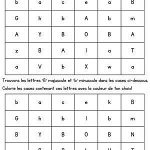 May include: A worksheet in French with two grids of lettered boxes. The first grid asks to find the uppercase and lowercase 'A' letters. The second grid asks to find the uppercase and lowercase 'B' letters.