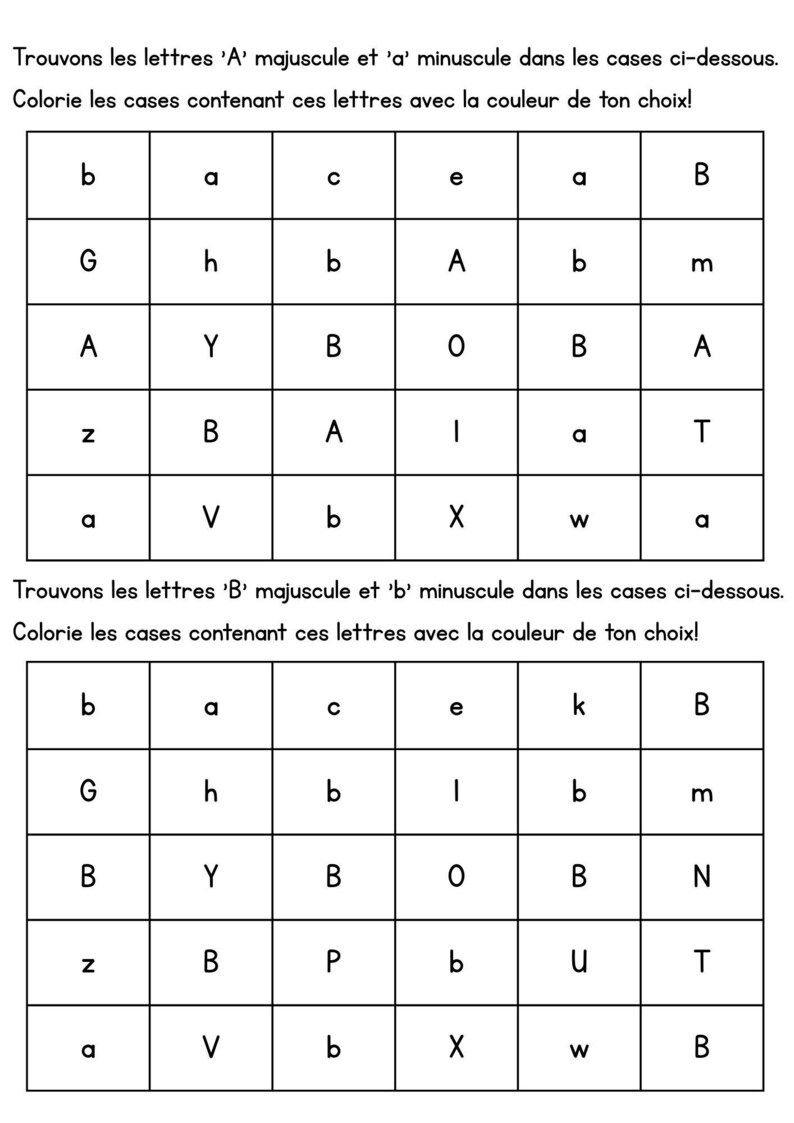 May include: A worksheet in French with two grids of lettered boxes. The first grid asks to find the uppercase and lowercase 'A' letters. The second grid asks to find the uppercase and lowercase 'B' letters.