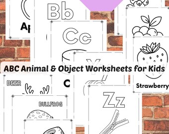 Puede incluir: Hojas de trabajo de ABC Animal & Object en blanco y negro para niños. Las hojas de trabajo presentan letras del alfabeto con ilustraciones de animales y objetos correspondientes. La imagen incluye el texto "85 páginas".