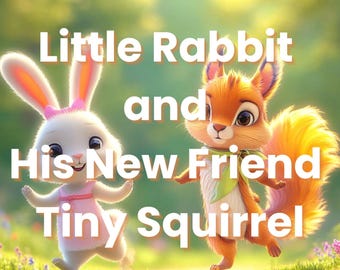 Puede incluir: Ilustración caprichosa de un conejo blanco y una pequeña ardilla naranja, ambos con ojos grandes y expresiones amigables. El texto "Little Rabbit and His New Friend Tiny Squirrel" se superpone a la imagen, sobre un fondo verde borroso.