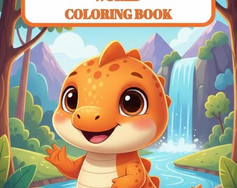 Puede incluir: Un libro para colorear para niños titulado "MINO THE CUTE DINOSAUR'S WORLD COLORING BOOK". La portada presenta un dinosaurio naranja de dibujos animados con grandes ojos marrones, en un paisaje colorido con una cascada y árboles.