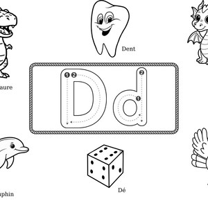 May include: Black and white line art educational illustration featuring a dinosaur, tooth, dragon, dolphin, die, and turkey. The letter "D" is shown in uppercase and lowercase with numbered tracing guides. The image is designed for learning.