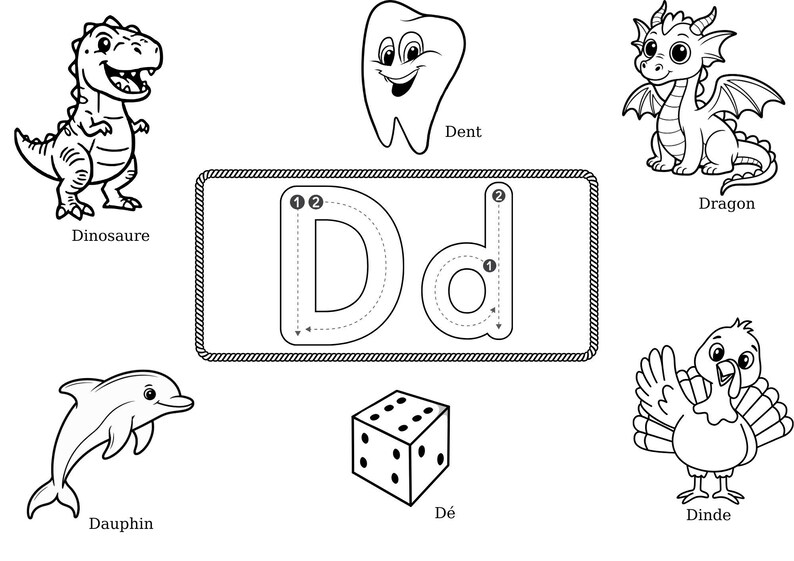 May include: Black and white line art educational illustration featuring a dinosaur, tooth, dragon, dolphin, die, and turkey. The letter "D" is shown in uppercase and lowercase with numbered tracing guides. The image is designed for learning.